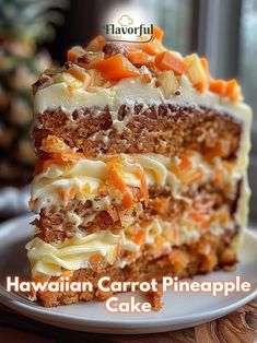 a piece of hawaiian carrot pineapple cake on a plate with the words hawaii carrot pineapple cake