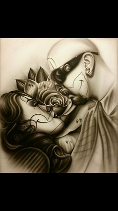 a black and white drawing of a man holding a woman's face with roses on it