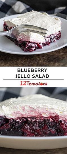 blueberry jello salad on a white plate with a fork