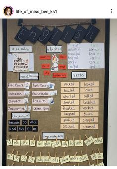 a bulletin board that has been decorated with words and pictures on it, along with clothes pins