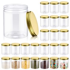 large clear jars with gold lids and sprinkles are shown in this image