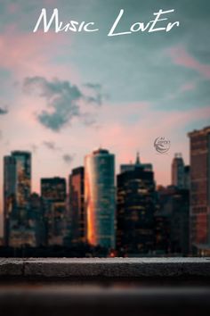 a man standing in front of a cityscape with the words music later on it