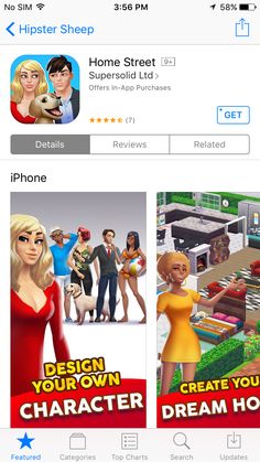 an iphone app showing the game characters in their own home design and character creation options