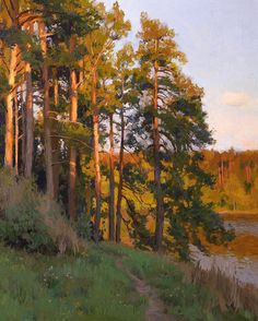 a painting of some trees and grass by the water