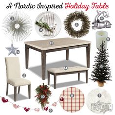 a holiday table with decorations and other items