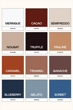 the names and colors of different types of paint in each color, including red, blue,