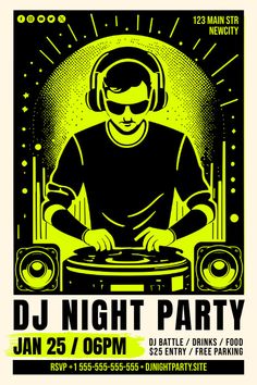 a flyer for a dj night party with headphones on and an image of a dj mixing