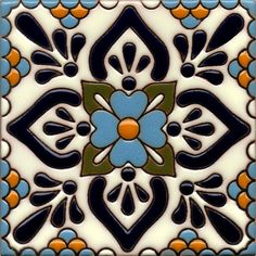 an artistic tile design in blue, orange and green