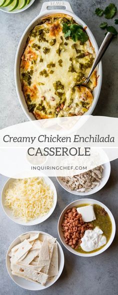 creamy chicken enchilada casserole with cheese and other ingredients