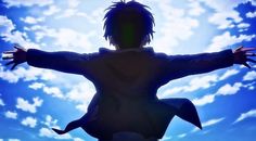 an anime character with his arms outstretched in the air, against a blue sky and clouds