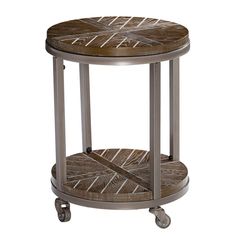 a round wooden table with metal wheels on an isolated white background for use as a side table