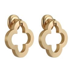 pair of gold earrings with circular design on the front and back ends, all in different sizes