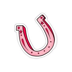 a pink horseshoe shaped sticker with stars on the top and bottom, against a white background