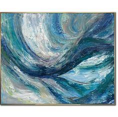 an abstract painting with blue, white and green waves in the ocean on a canvas