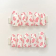 Pink Cow Nails, Pink Cow Print Nails, Adorable Nails, Pink Press On Nails, Bunny Nails, Cow Nails, Cherry Nails