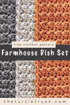 Pinterest pin for the Farmhouse Dish Set crochet pattern by The Turtle Trunk. Photo shows a close up shot of 3 crochet dish cloths in the colors dark grey, light grey, and burnt orange. Crochet Pattern For Dish Cloths Free, Crochet Stitches For Dishcloths, Moss Stitch Crochet Dishcloth, Crochet Towels Bathroom, Handmade Dish Cloths, Hand Towels Crochet, Crochet Kitchen Washcloth Free Pattern, Crochet Dishcloths Easy, Easy Dish Towel Crochet Pattern