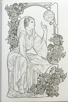 a coloring book with an image of a woman sitting in front of flowers and a globe