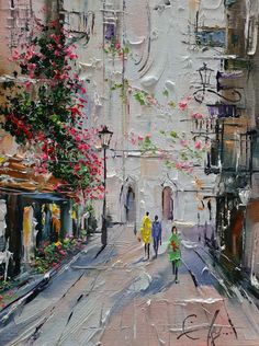 a painting of two people walking down the street