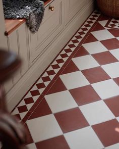 a red and white checkered floor in a kitchen