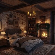 a bedroom with a bed, fireplace and bookshelf in the background at night