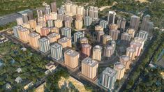 an aerial view of a large city with tall buildings and lots of trees in the foreground