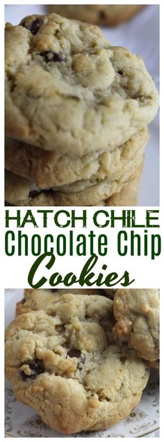 chocolate chip cookies stacked on top of each other with text overlay that reads hatch chile chocolate chip cakes