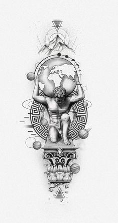 a black and white drawing of a man sitting on top of a table with an earth globe