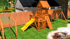 a wooden swing set with a yellow slide next to a tree and house in the background