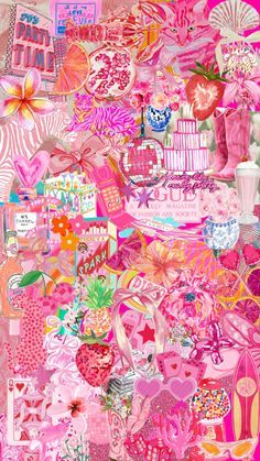 a pink painting with lots of different things on it