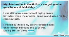 a birthday card with the words, my older brother in the air force was going to be gone for my 11 th birthday