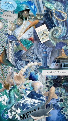 an altered collage with sea creatures and words in blue, white and green colors