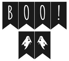 halloween bunting banner with ghost faces and boo eyes hanging from the top, black and white