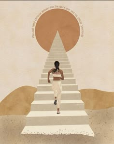 a woman is walking up some stairs with an orange sun in the sky behind her