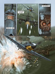 a comic strip with an image of a fighter jet shooting at another plane in the air