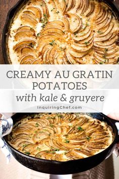 creamy augratin potatoes with kale and gruyre in a cast iron skillet