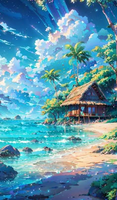 a painting of a tropical beach with a hut on the shore