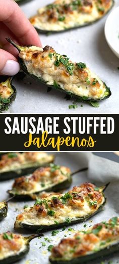 an image of sausage stuffed jalapenos on a baking sheet with text overlay