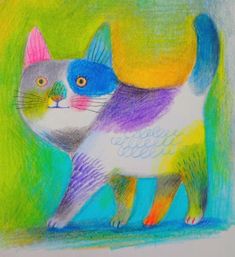 a colored drawing of a cat standing in front of a green background with blue, yellow and pink colors