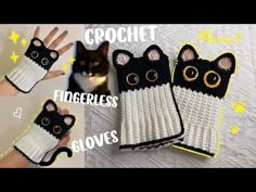 crochet fingerless gloves with cats on them