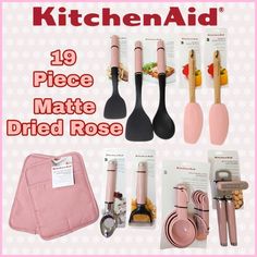 kitchen aid utensils are shown in pink and white with the words 19 piece matte - dried rose