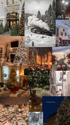 a collage of photos with christmas trees and buildings