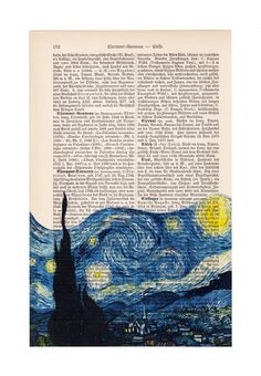 the starry night is depicted on an old book page with words written in it