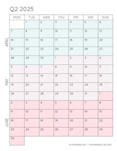 a calendar with the holidays in pink and blue, as well as dates for each month