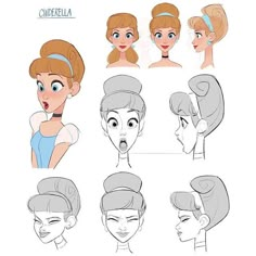 an animation character's head with different facial expressions and hairstyles, including the hair