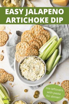 an easy jalapeno artichoke dip with celery and crackers