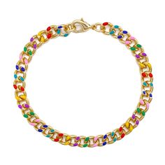 "Buy the 7.5\" Rainbow & Gold Enamel Curb Charm Bracelet by Bead Landing™ at Michaels. Featuring gold curb loops with rainbow highlights, add your own design using gemstones, beads, wire and more to craft a lovely handmade bracelet. This metal charm bracelet from Bead Landing is a wonderful piece of inspiration for your creativity. Featuring gold curb loops with rainbow highlights, add your own design using gemstones, beads, wire and more to craft a lovely handmade bracelet. Details: Gold colore Cheap Multicolor Charm Bracelet, Cheap Multicolor Charms Bracelet, Cute Rainbow Charm Bracelet, Everyday Rainbow Hand-strung Bracelets, Playful Rainbow Adjustable Charm Bracelet, Rainbow Highlights, Bead Landing, Fine Jewelry Bracelets, Gold Enamel