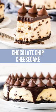 chocolate chip cheesecake on a white plate