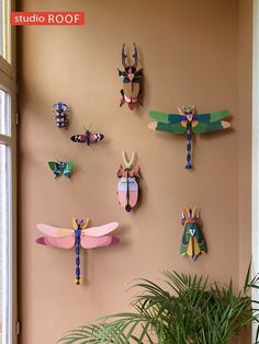 the wall is decorated with colorful paper cutouts and dragonflys on it, as well as a potted plant