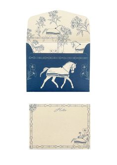 two envelopes with horses and flowers on them, one in blue and the other in white