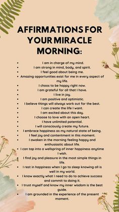 a poem with the words affirmmations for your miracle morning written in front of it